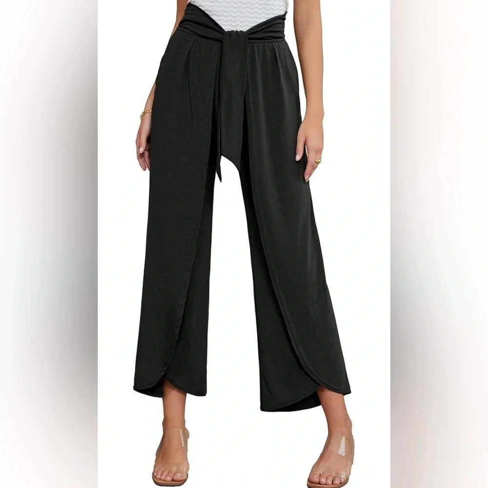 Women High Waist Wide Leg Pant Pocket Loose Beach Trousers for Vacation Black
